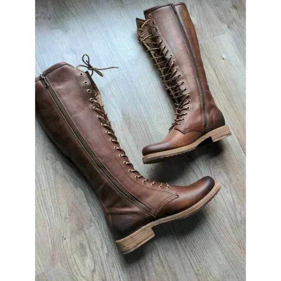 Frye Veronica Tall Lace Up Boots Womens 9.5 B Cognac Brown Knee High Combat - Picture 7 of 10